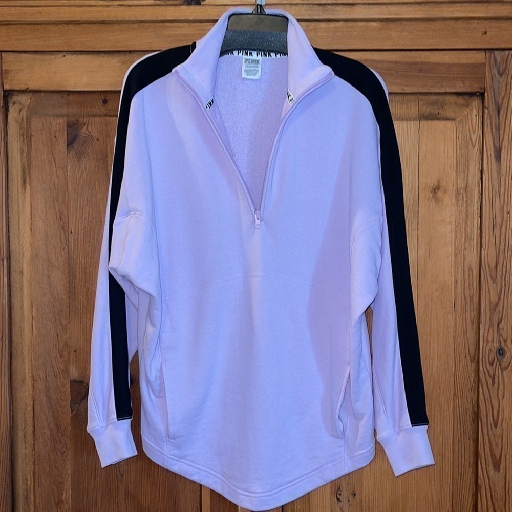 PINK VICTORIA SECRET PURPLE & BLACK SPORTY QUARTER ZIP W/EMBROIDERED LOG…